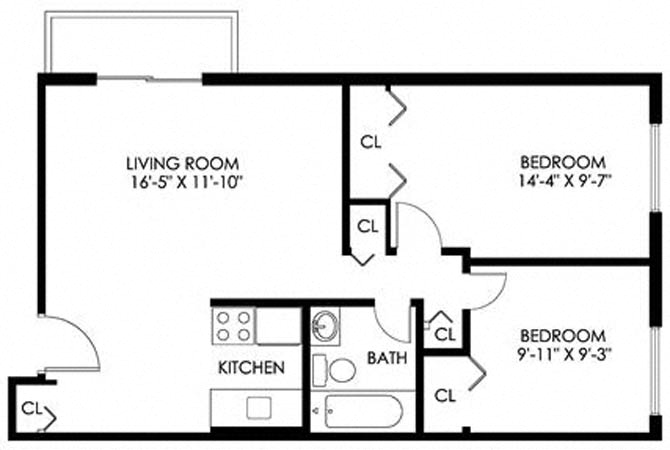 Floor plan for 2 beds, 1 bath, 697 sqft